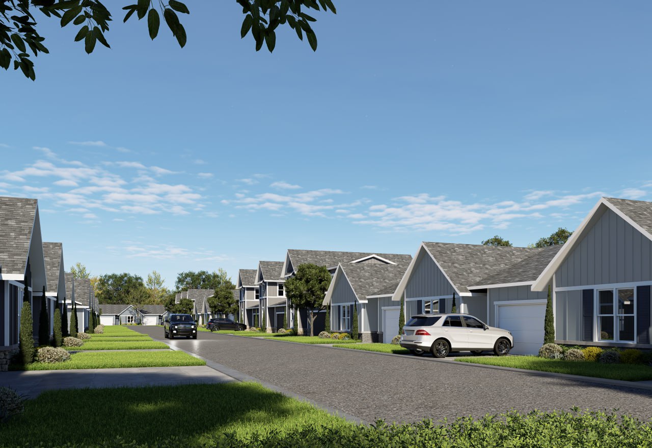 Kitchen and living area rendering at The Carillon at Germantown